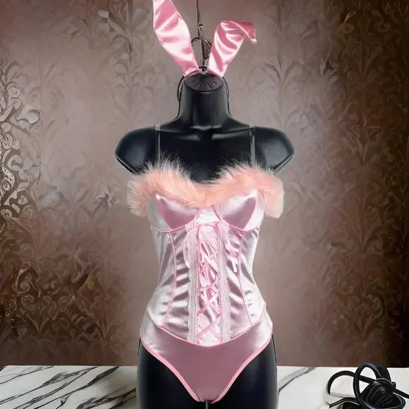 New Medium Silky Pink‎ Feather Bunny Bodysuit Halloween Costume Set Mean Girls - Picture 2 of 5